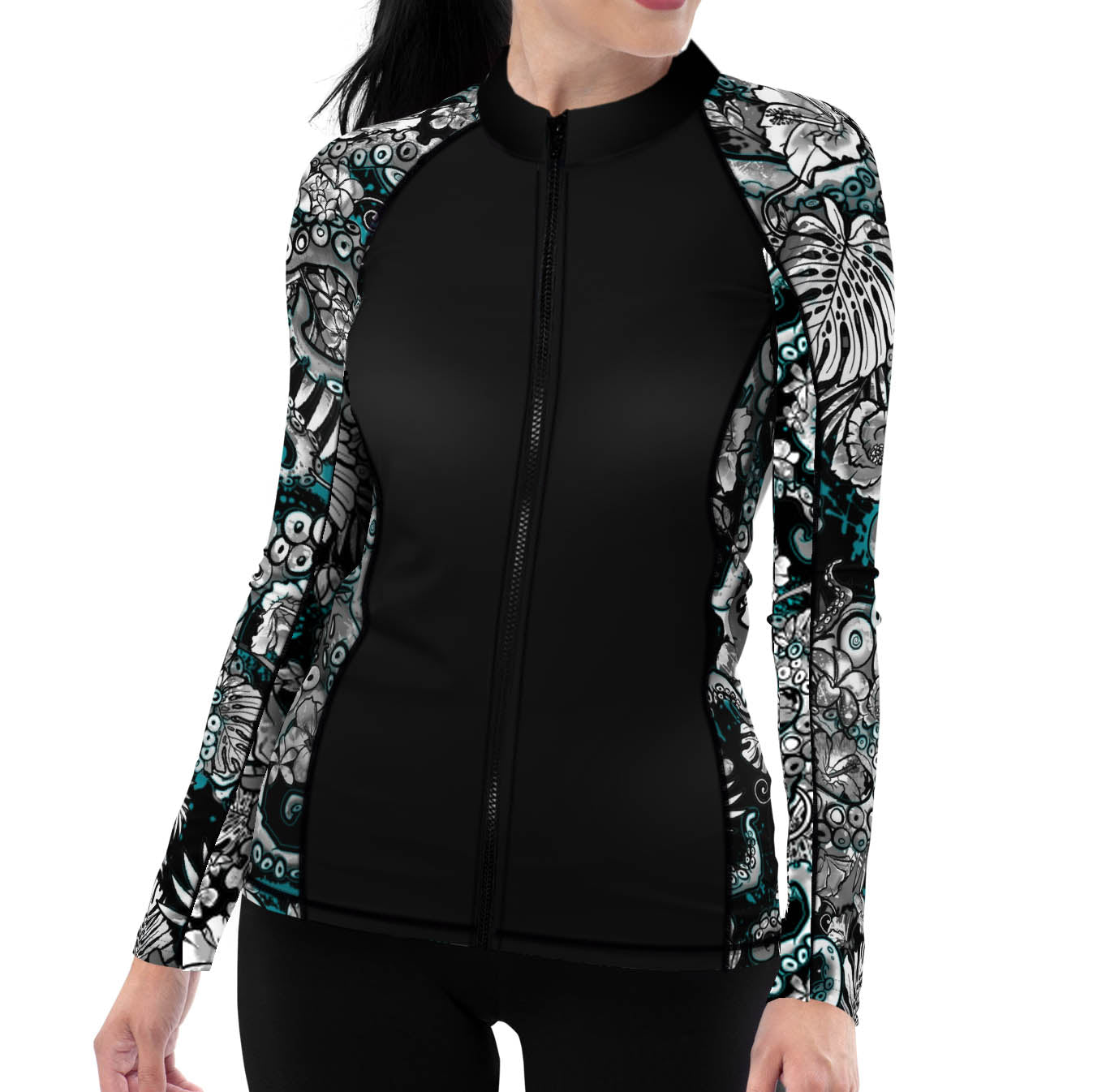 Eco-friendly Full Zip Up Electric Blue Octofloral Rashguard