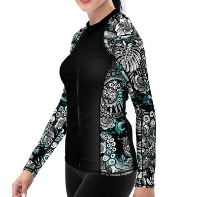 Eco-friendly Full Zip Up Electric Blue Octofloral Rashguard