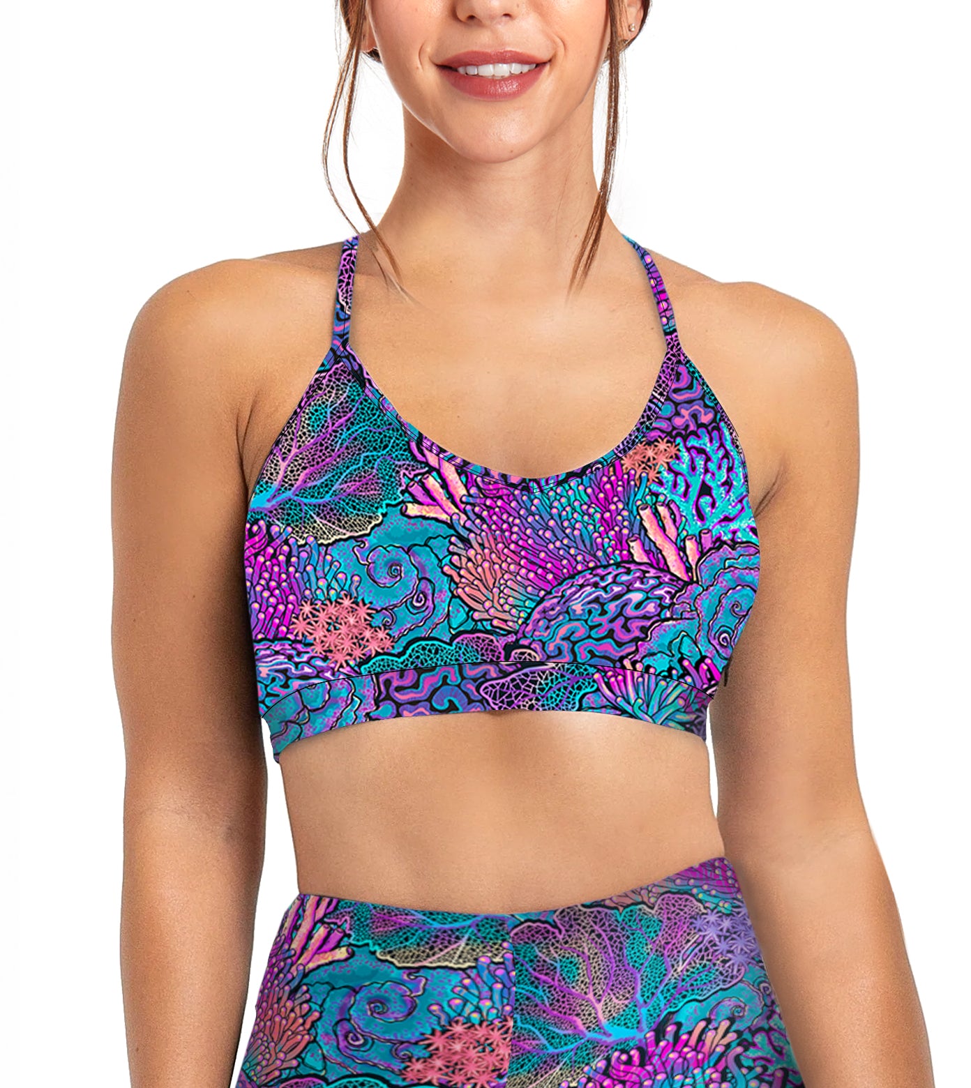 Eco-friendly Coral Kaleidoscope Bikini Sports Bra Hybrid