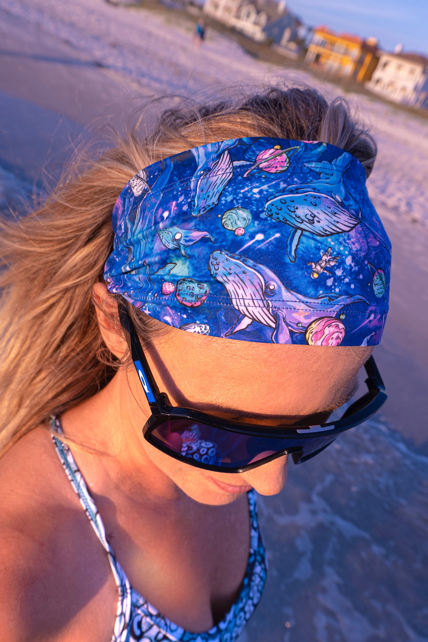 Girl in beach with Cosmic Whale Scuba Head Band