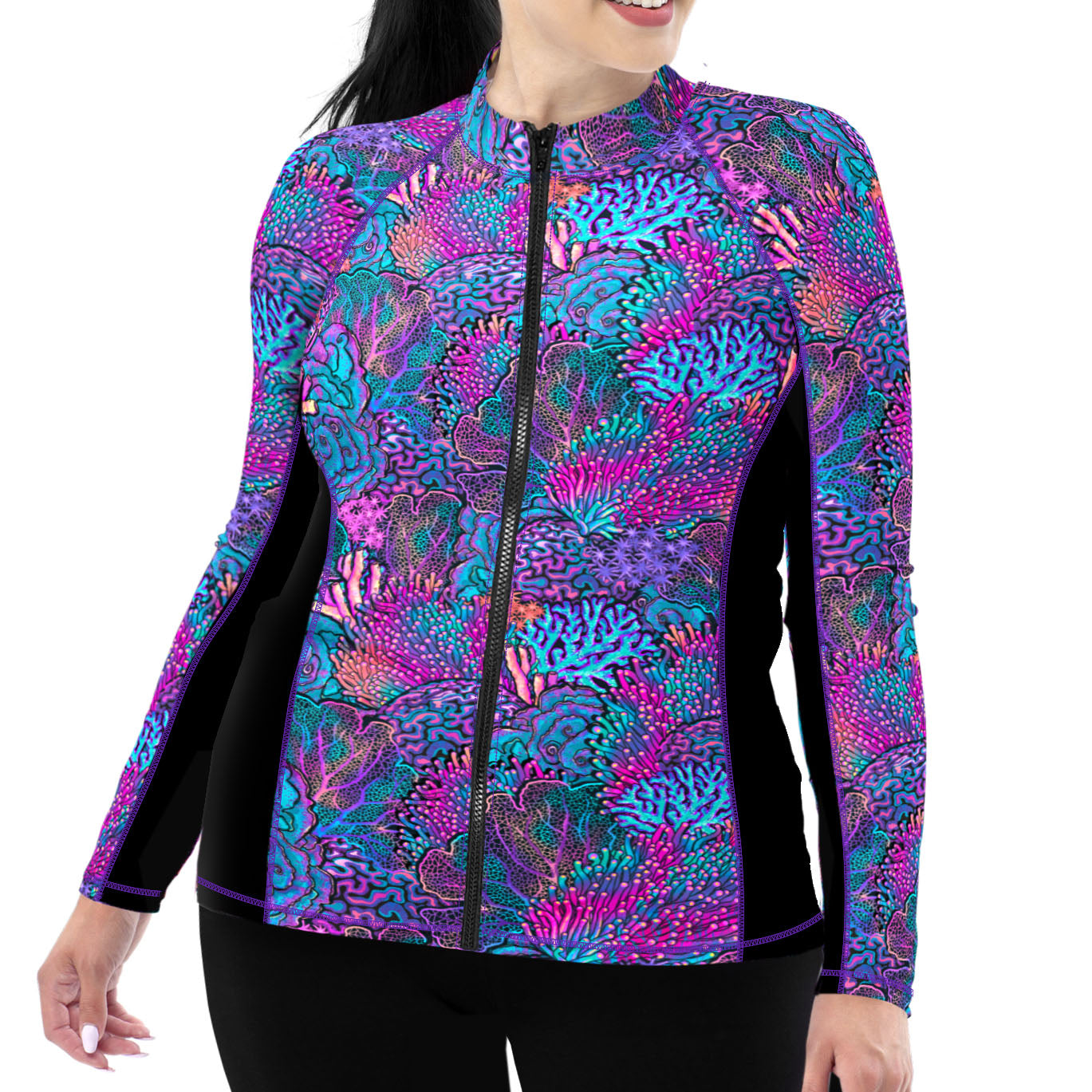 Plus Size Eco-friendly Full Zip Up Coral Kaleidoscope Rashguard